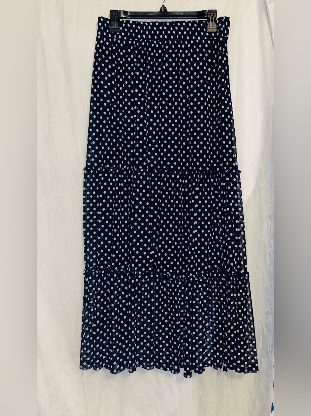 STITCH Collection Navy Blue Polka Dot Tiered Mesh Maxi Skirt Size XL Flouncy